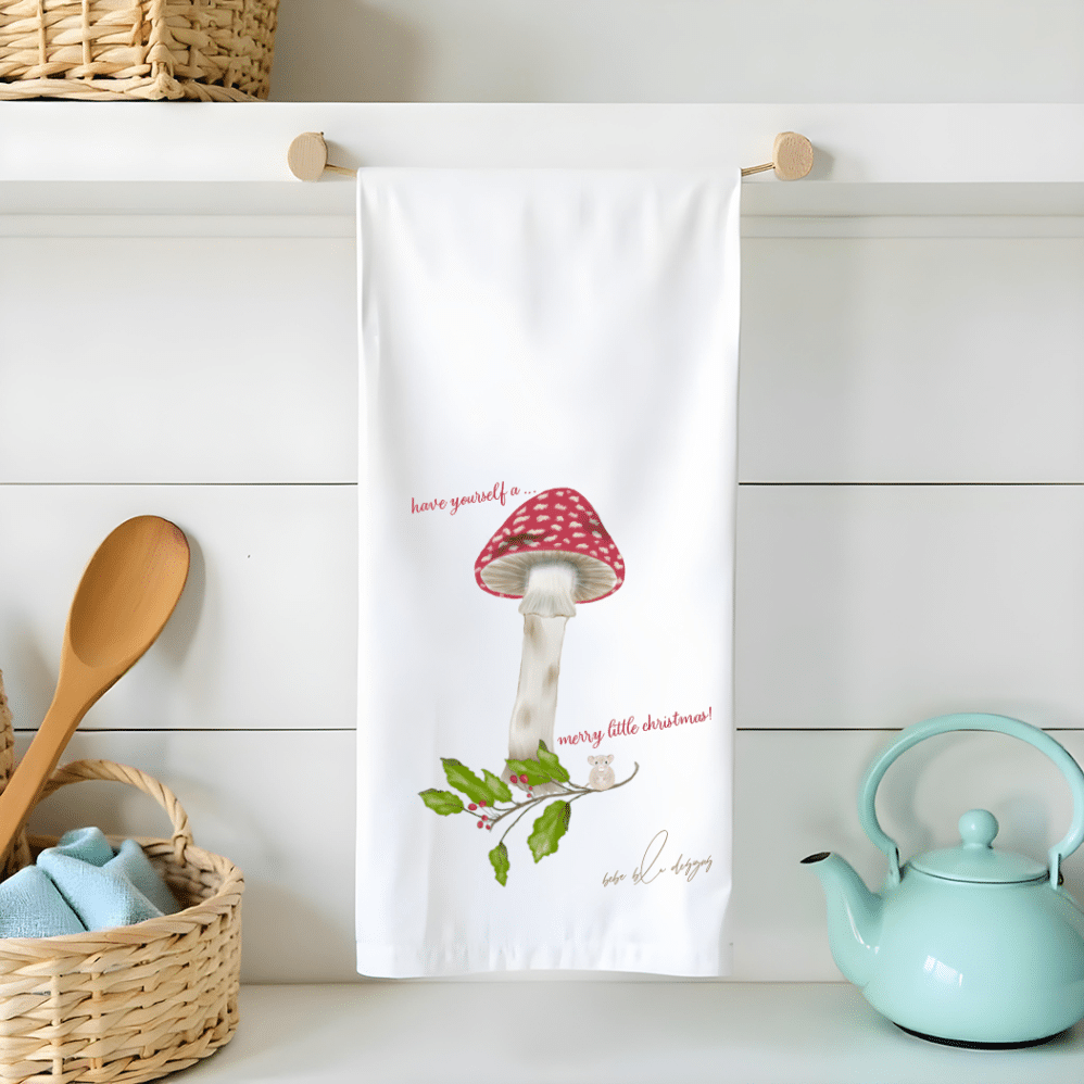 merry little fungi Christmas flour sack tea towel