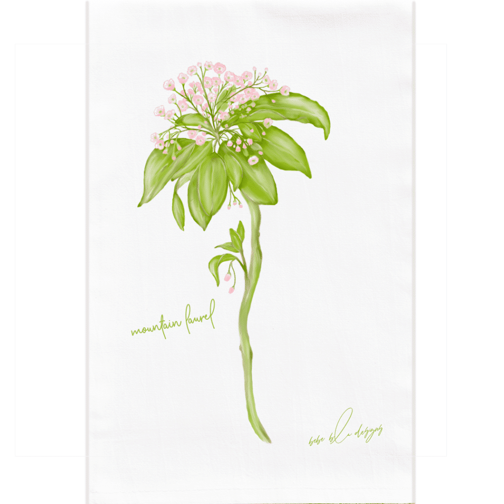Pink flowering mountain laurel on a flour sack towel