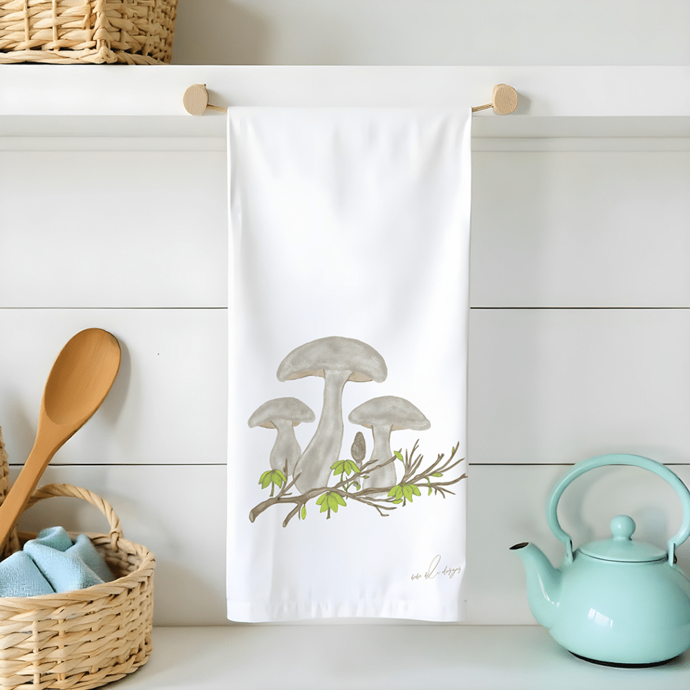 mushrooms in nature flour sack tea towel