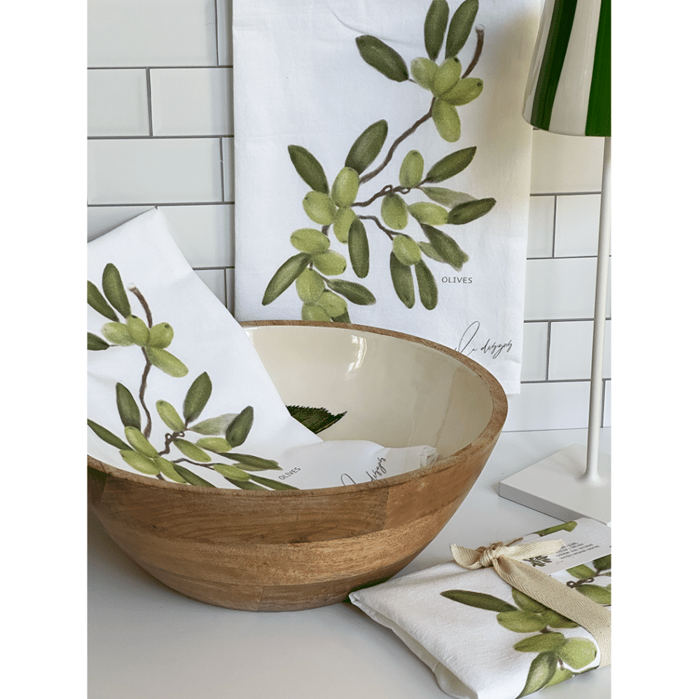 olives flour sack towel in bowl