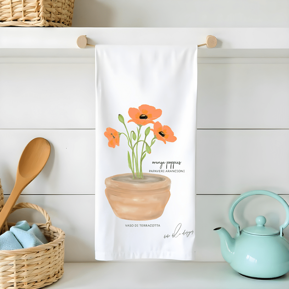 orange poppies 'papaveri arancioni' flour sack tea towel