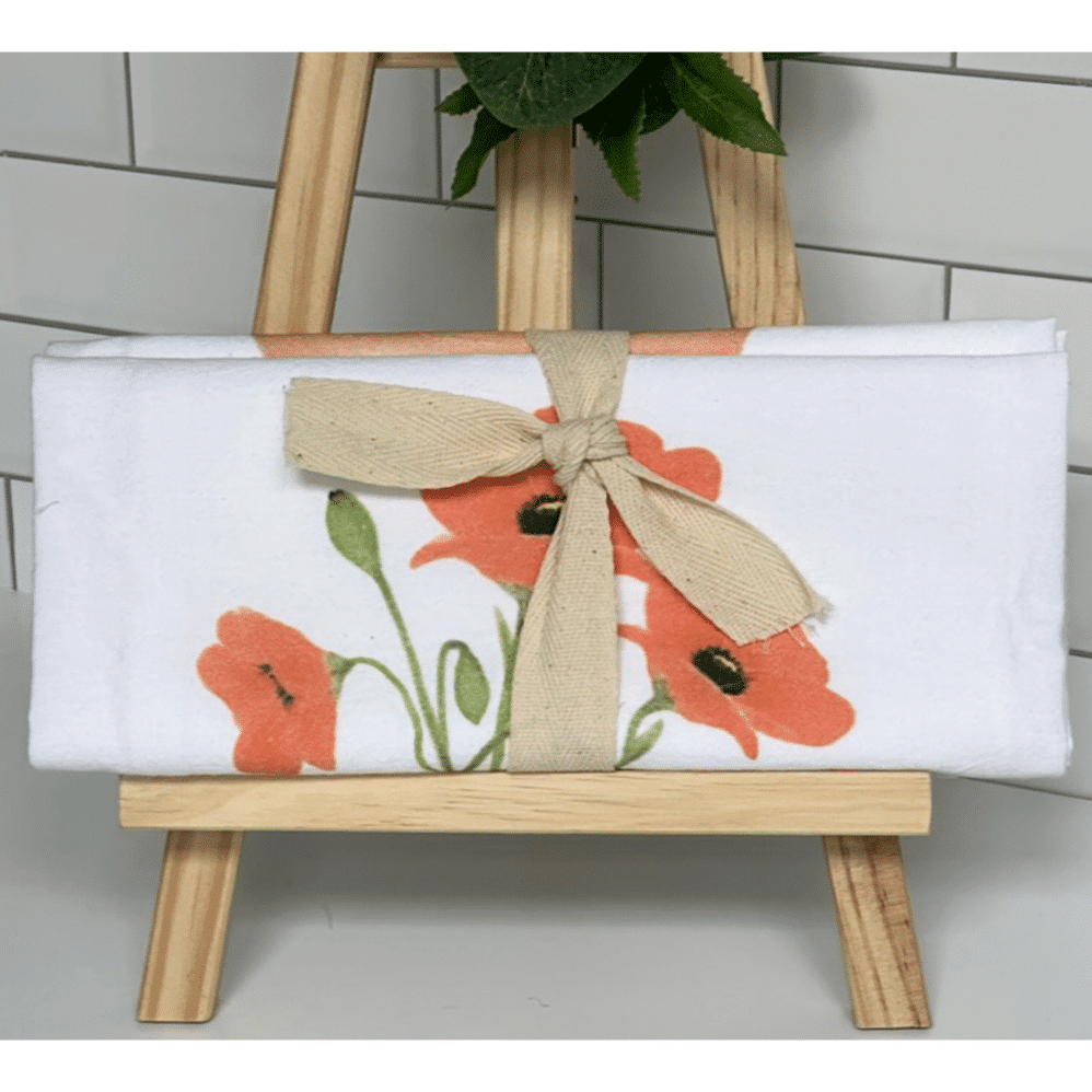 orange poppies flour sack towel wrapped