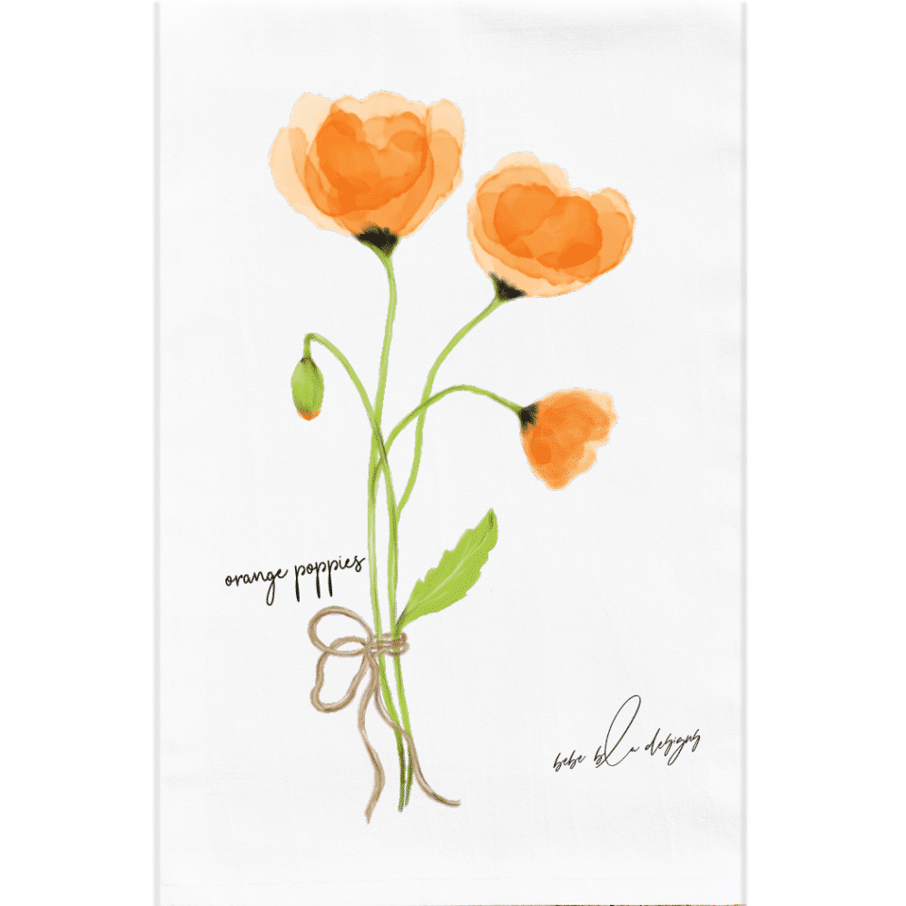 a bright orange poppy bouquet tied together with twine on a flour sack towel.