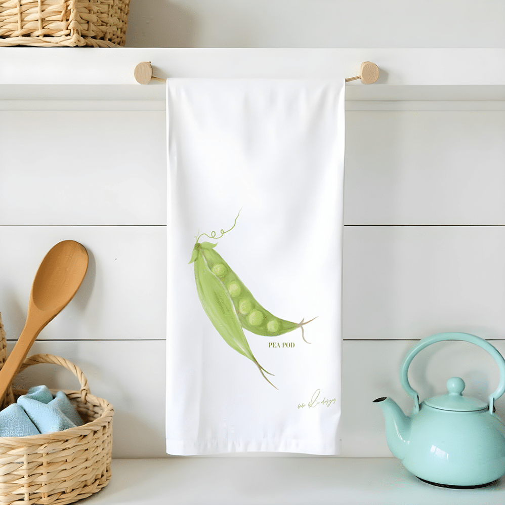 pea pod on a flour sack tea towel