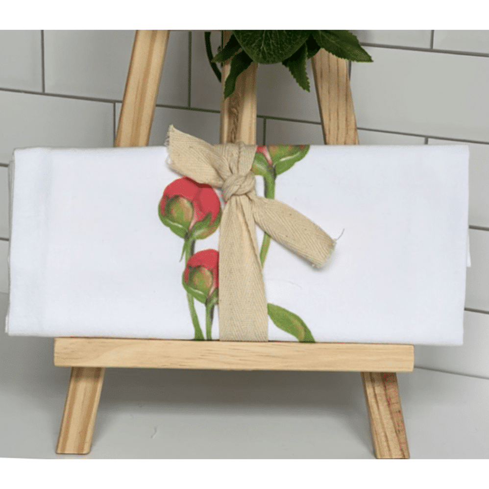 peony buds flour sack towel wrapped