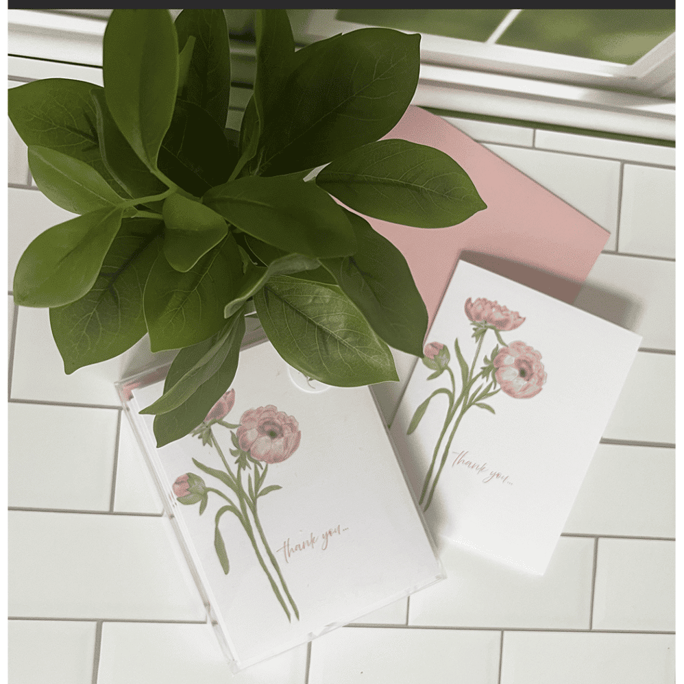 peony thank you note card and box