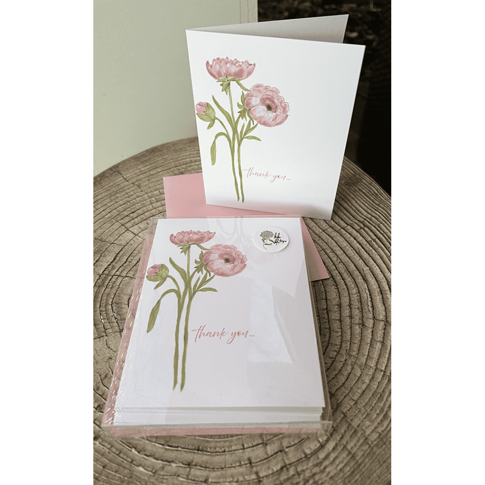 peony thank you note card and box