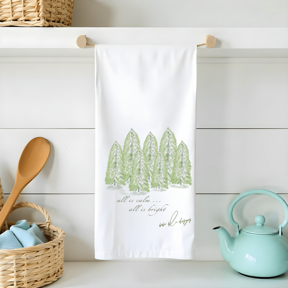 pine forest all is calm flour sack tea towel