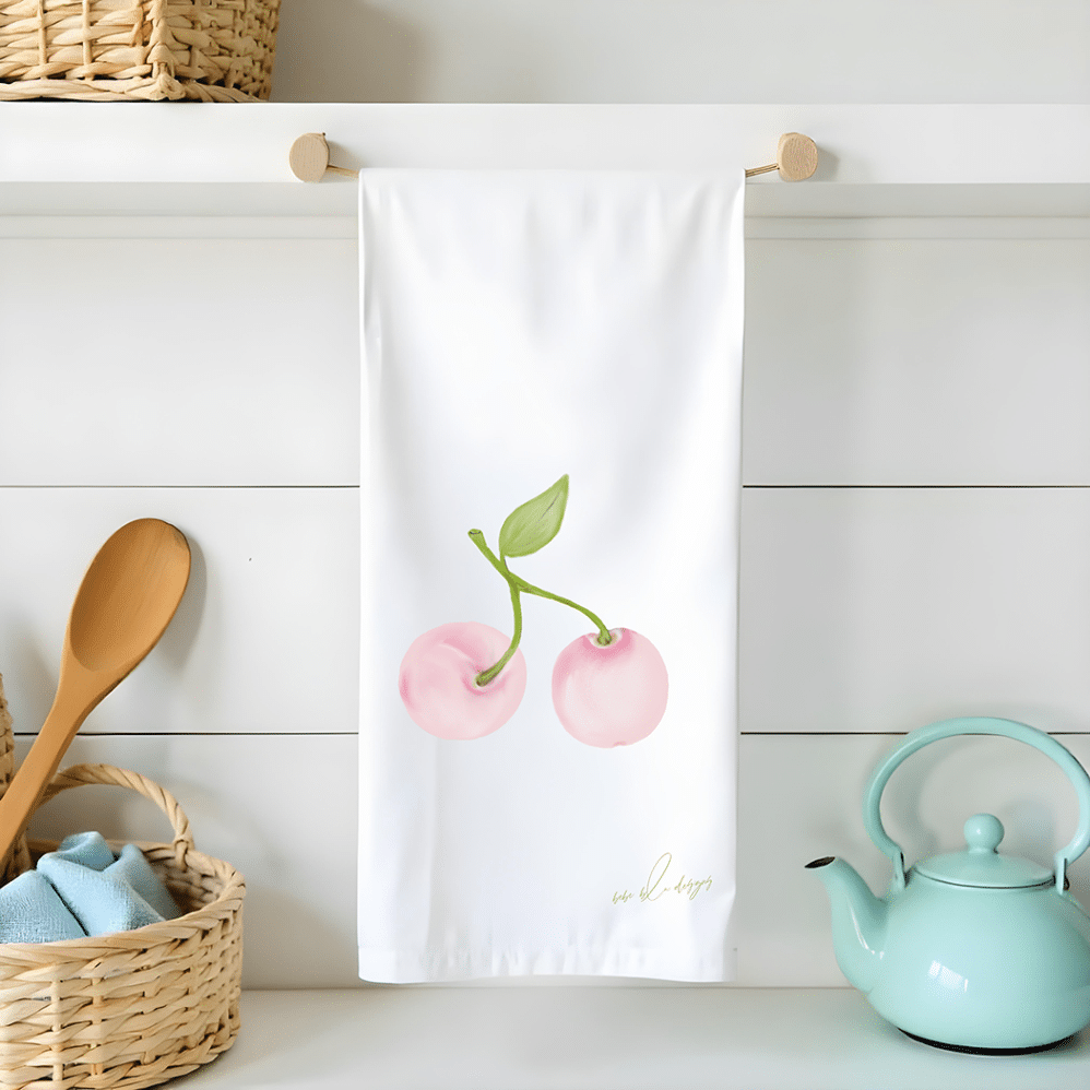 pink cherries on a flour sack tea towel