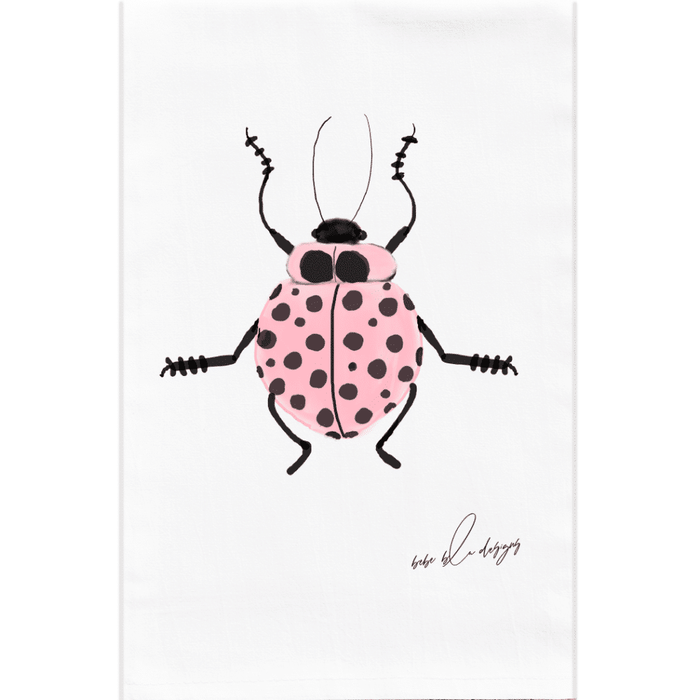 An adorable pink ladybug on a flour sack towel