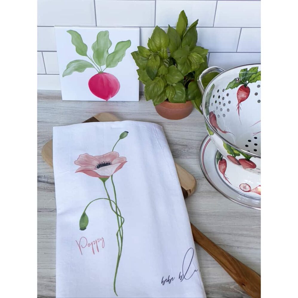 pink poppy flour sack towel