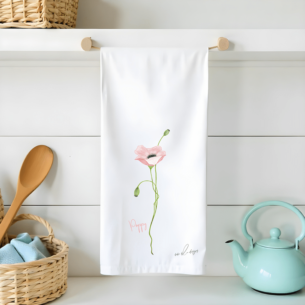pink poppy flour sack tea towel