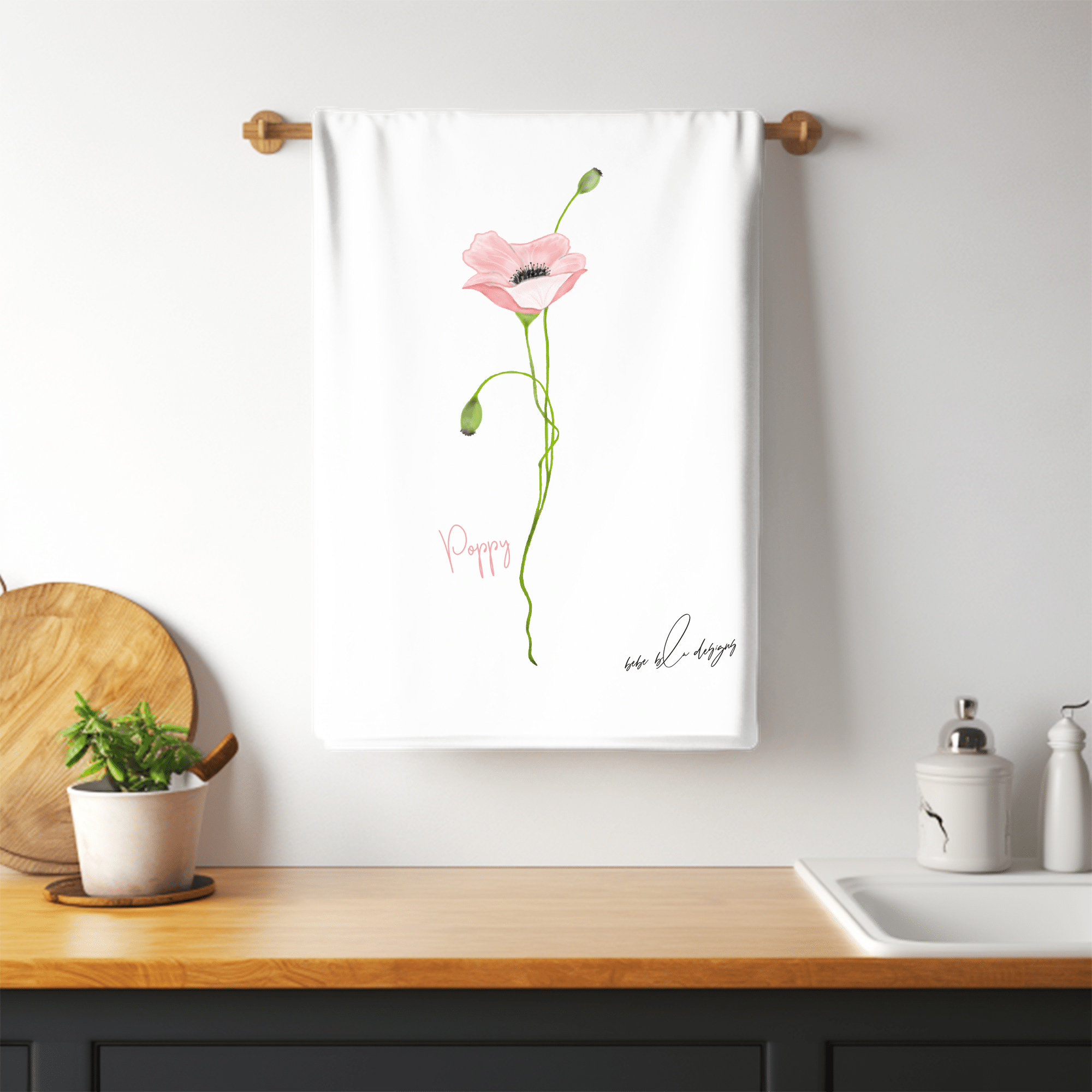 pink poppy flour sack towel
