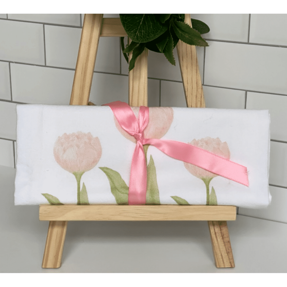 pink tulip blossom flour sack towel wrapped