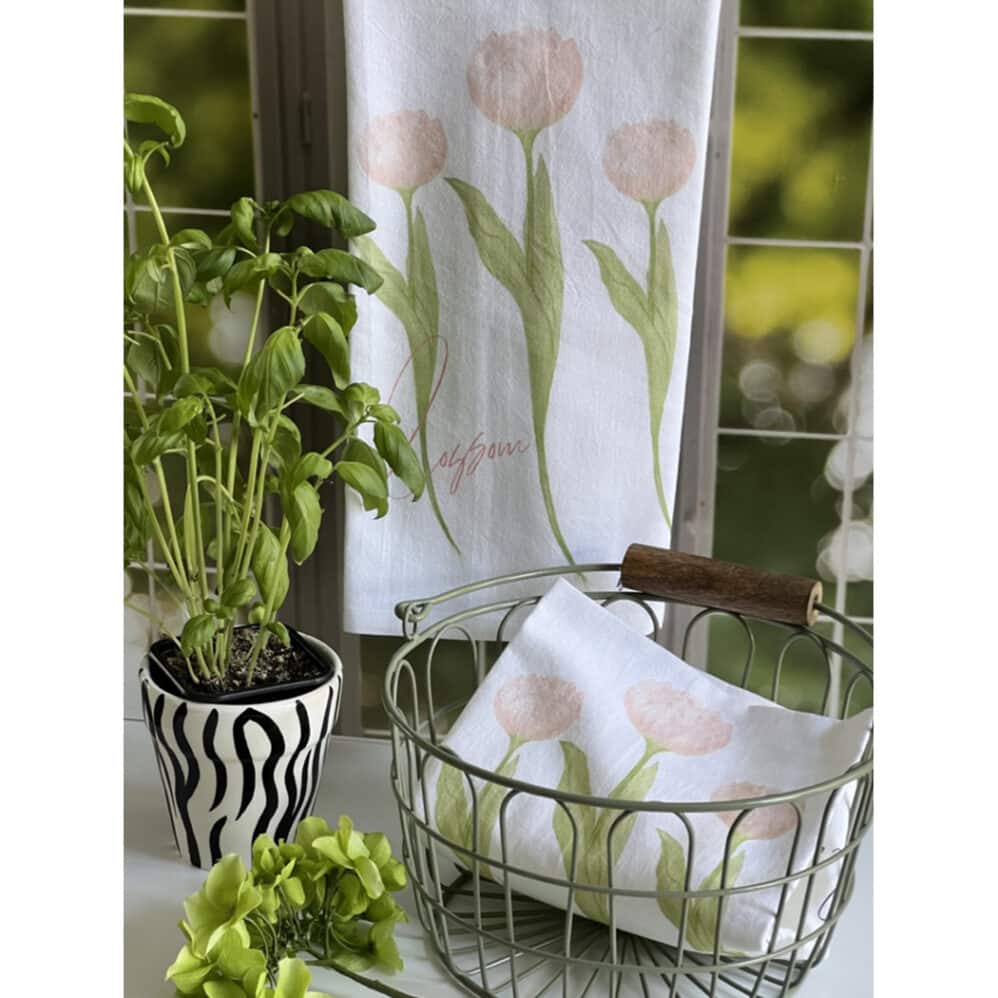 pink tulips blossom flour sack towel