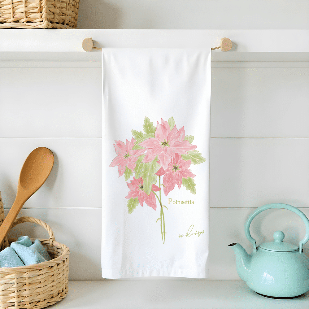poinsettia flour sack tea towel