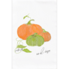 a pumpkin patch with two orange pumpkins, one green pumpkin and a vine