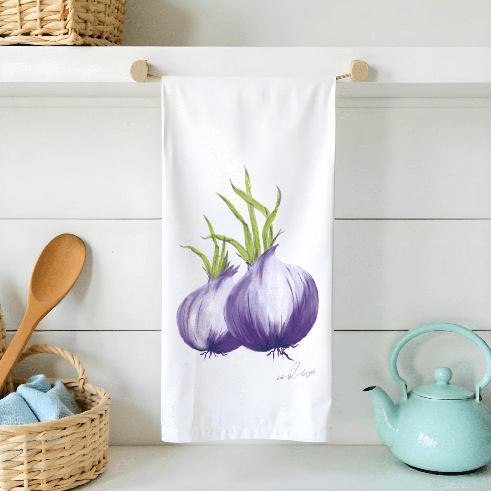 purple onion flour sack tea towel