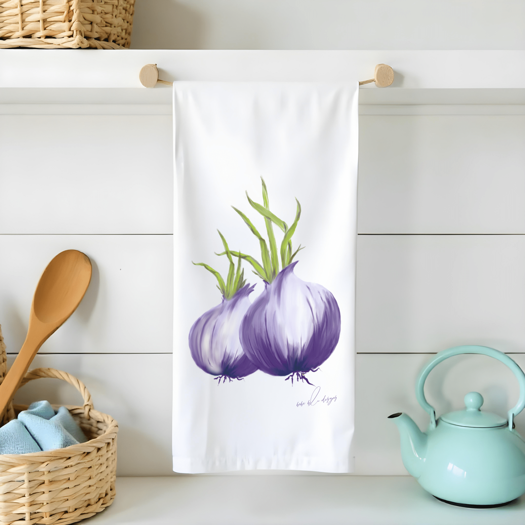 purple onion flour sack tea towel