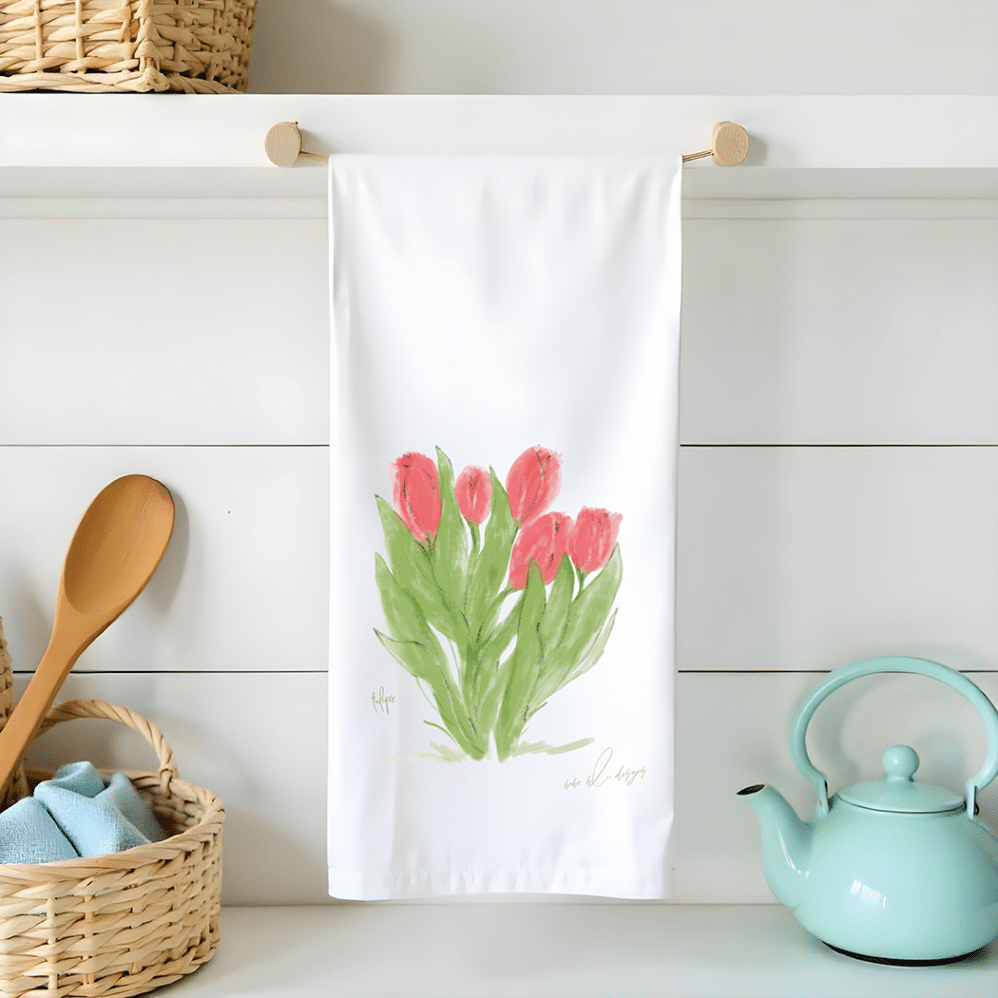 red tulips flour sack tea towel