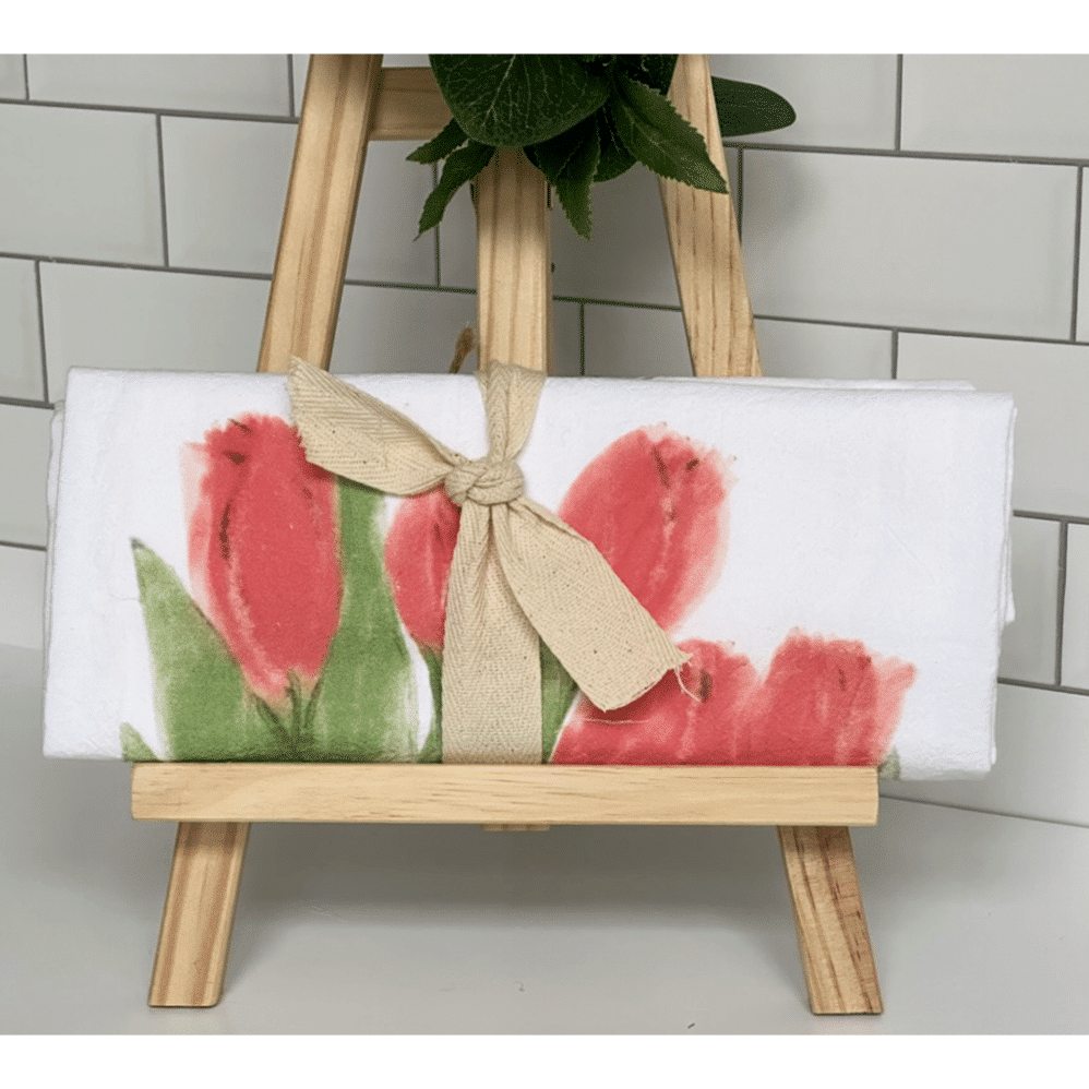 red tulips flour sack towel wrapped