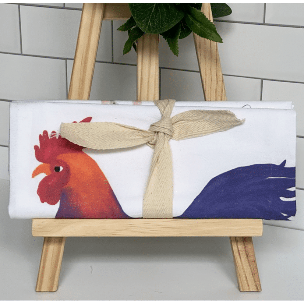 rooster flour sack towel wrapped