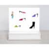 shoes, shoes and more shoes note card featuring a black ankle boot, a purple high-heel, and a yellow, light blue, hot pink, and red slides