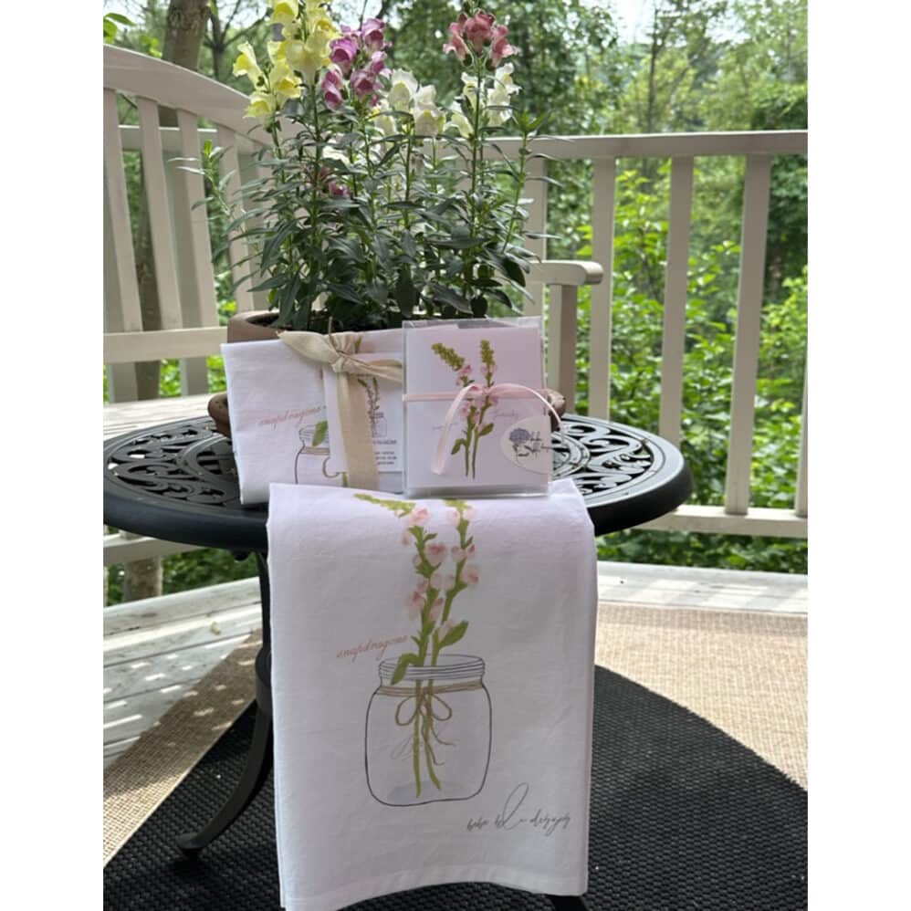 snapdragons flour sack towel and note cards