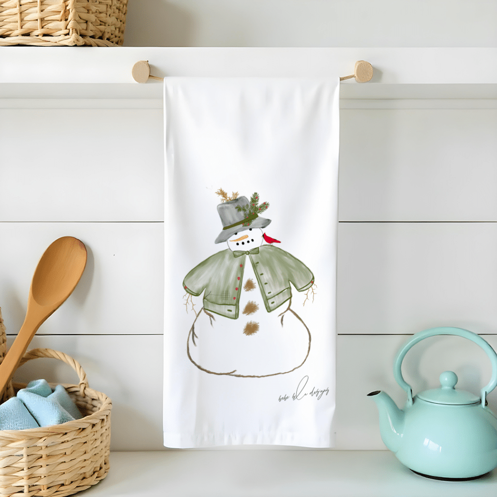 snowman in nature flour sack tea towel