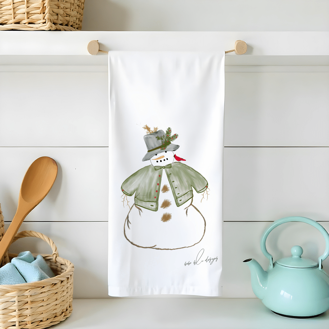 snowman in nature flour sack tea towel