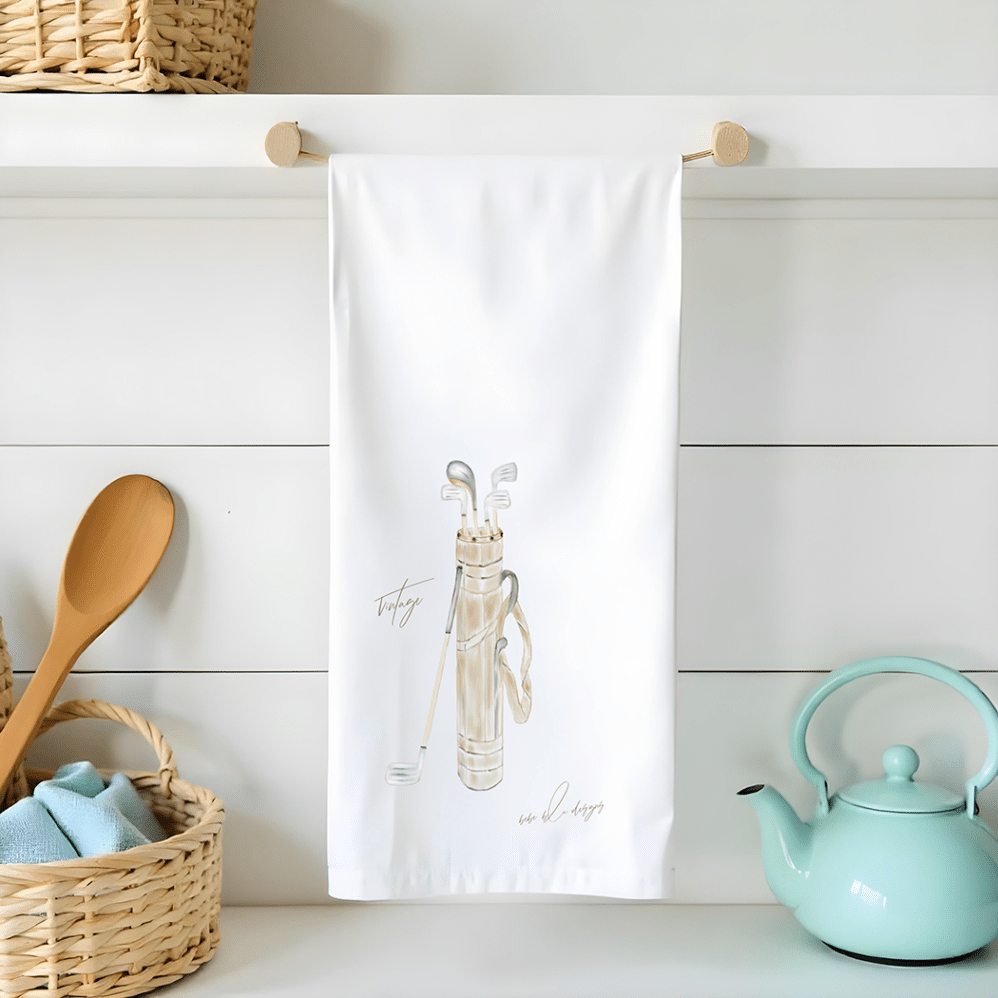 vintage golf bag on a flour sack tea towel