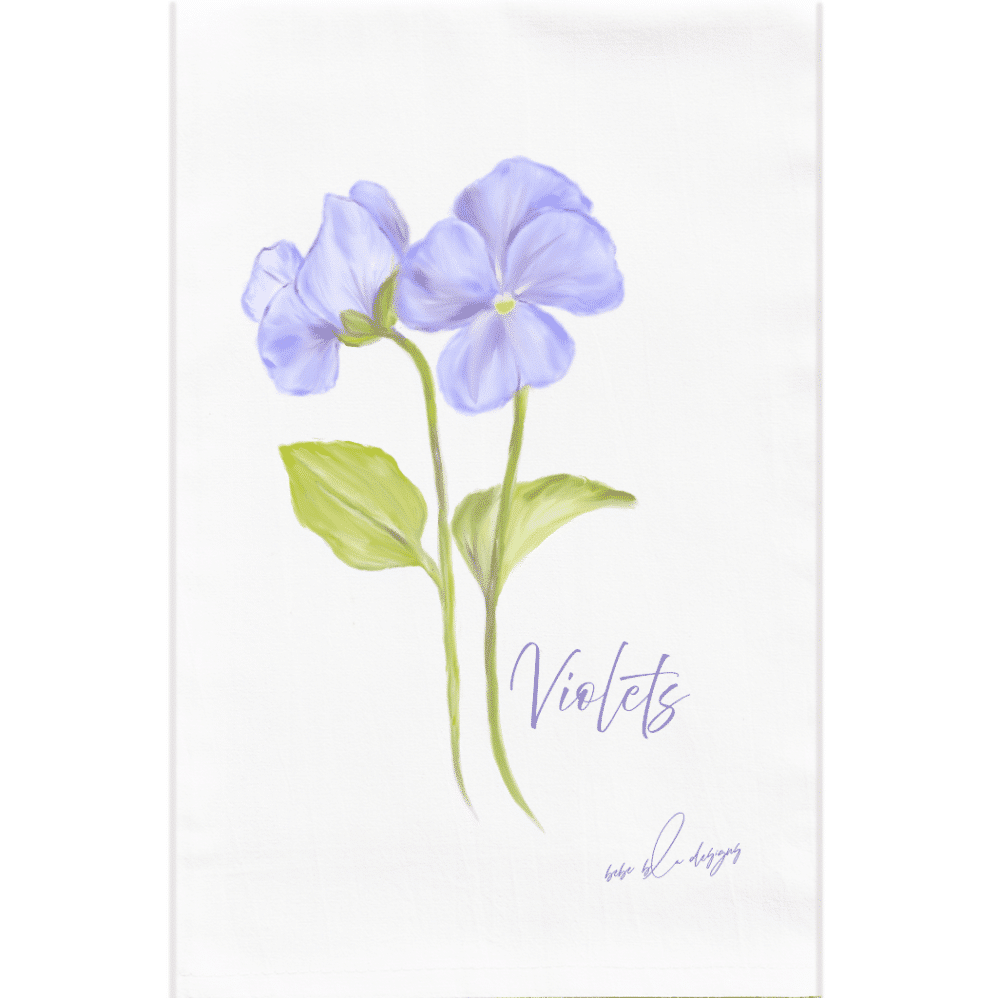 Violets flour sack tea towel featuring two soft purple violets