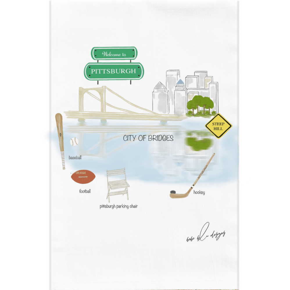 Welcome to Pittsburgh flour sack towel featuring the skyline reflecting in the water and things Pittsburgh is known for; baseball, hockey, football, steep hills and the Pittsburgh Parking Chair.