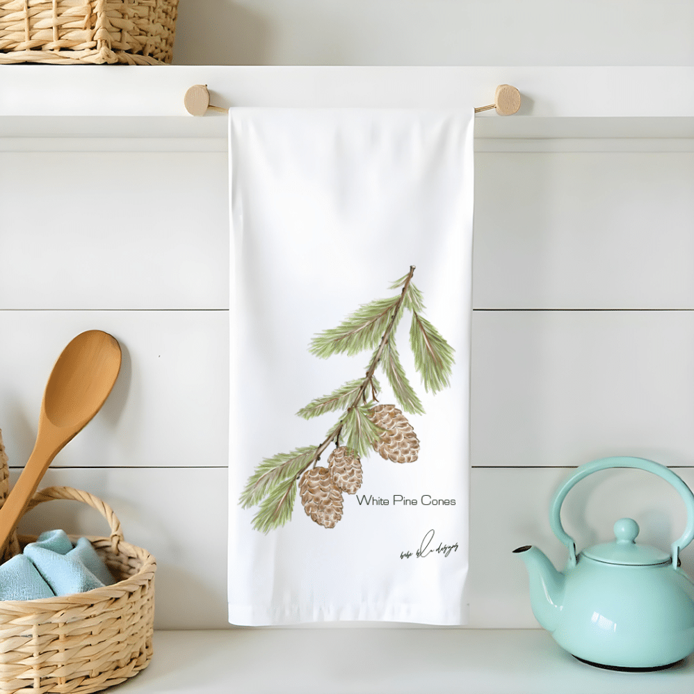 white pine cones flour sack tea towel
