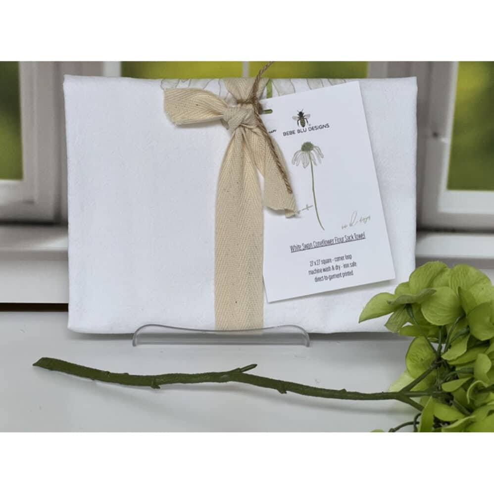 white swan coneflower flour sack towel wrapped