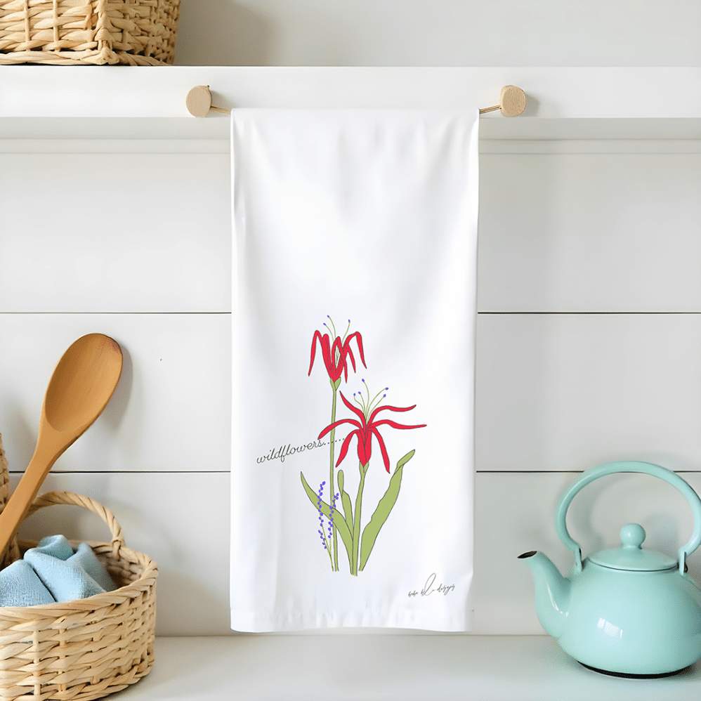 red and purple wildflowers on a flour sack tea towel