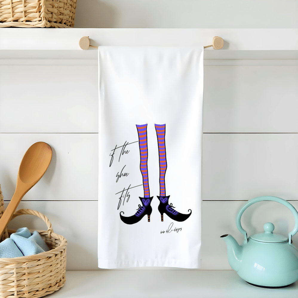witches legs if the shoe fits flour sack tea towel