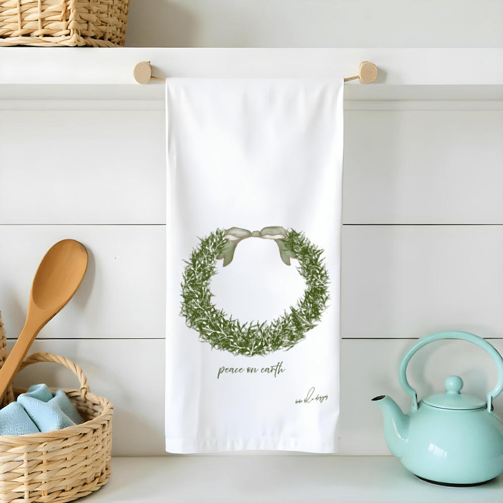 wreath flour sack tea towel