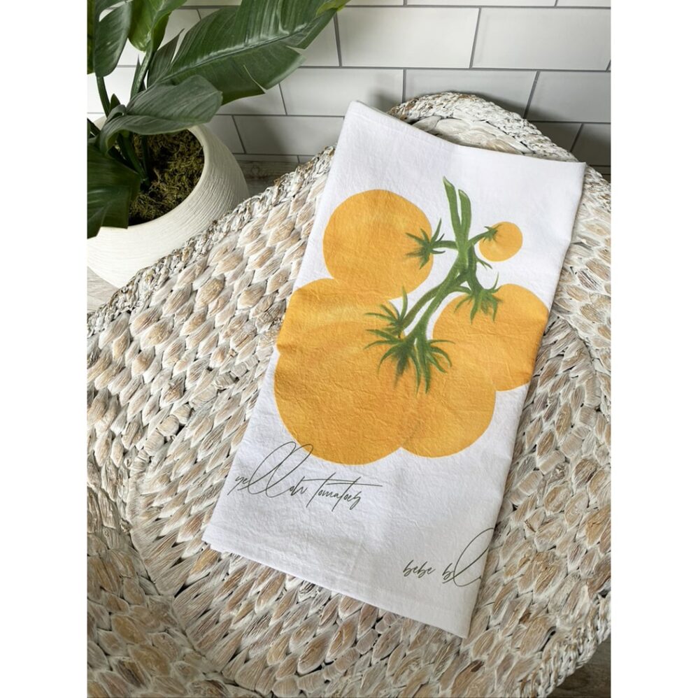 yellow tomatoes flour sack towel