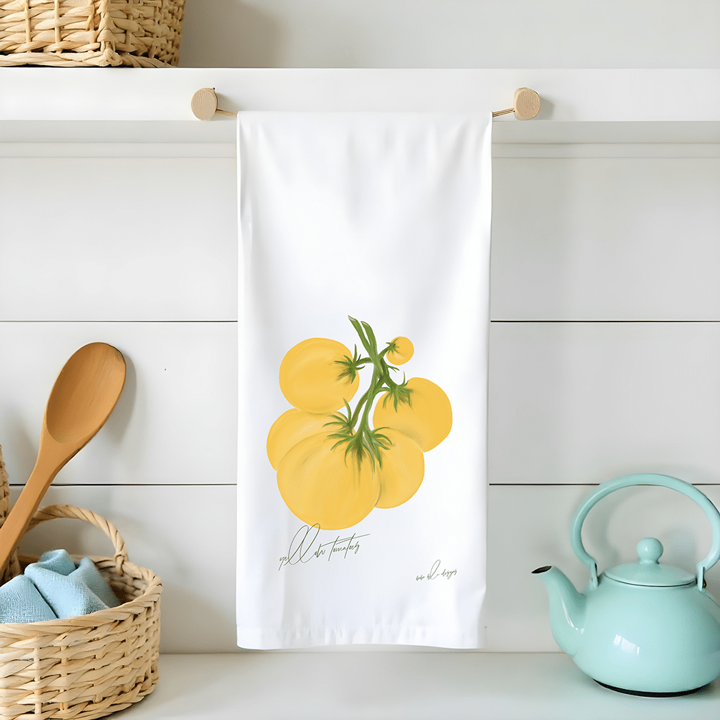 yellow tomatoes flour sack tea towel