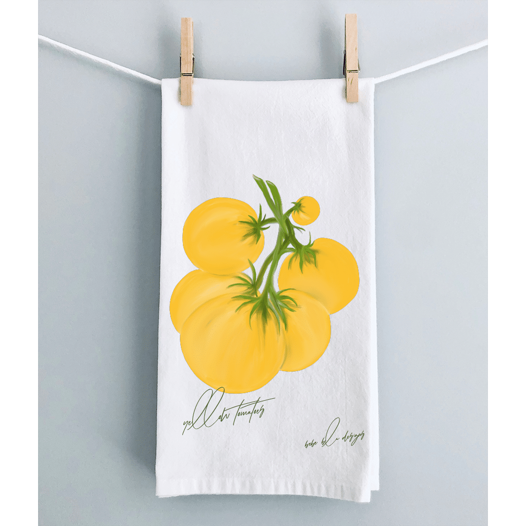 yellow tomatoes flour sack towel